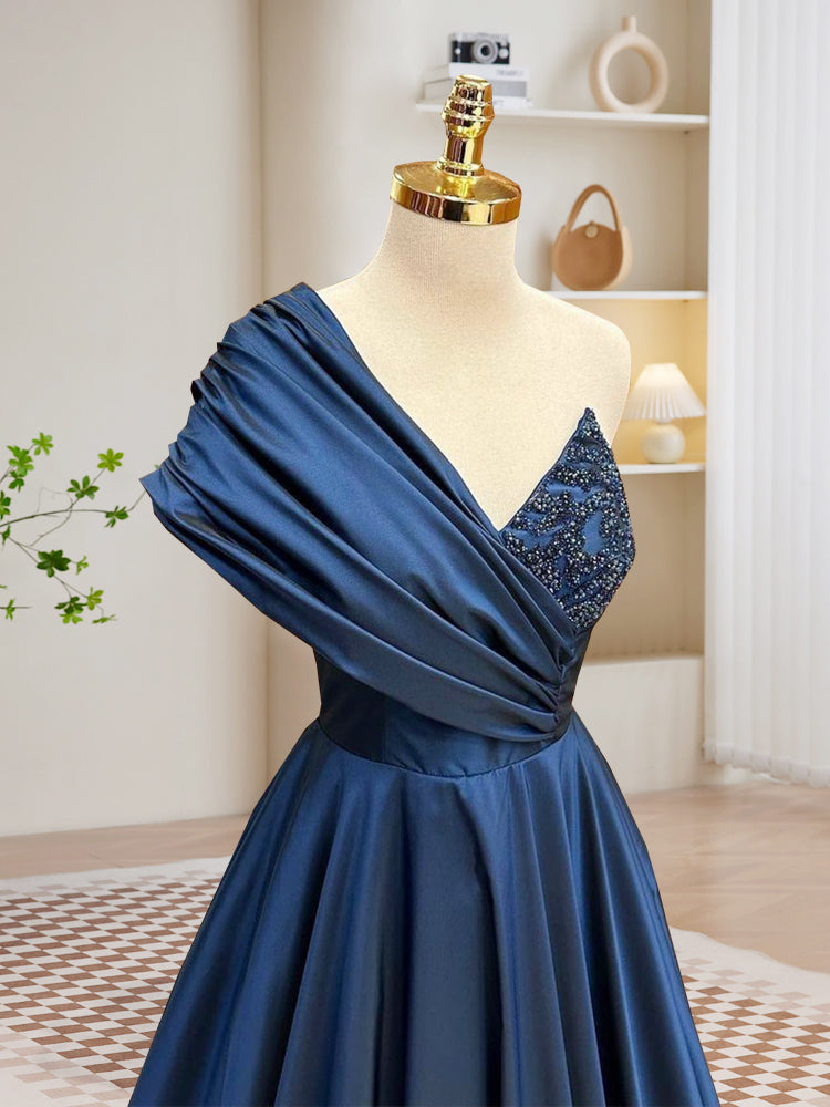 A-Line One Shoulder Satin Beads Dark Blue Long Prom Dress, Blue Long Evening Dress US 4 / Custom Color A-Line One Shoulder Satin Beads Dark Blue Long Prom Dress, Blue Long Evening Dress US 4 / Custom Color