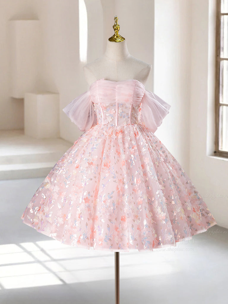 A-Line Off Shoulder Tulle Short Pink Prom Dress, Pink Homecoming