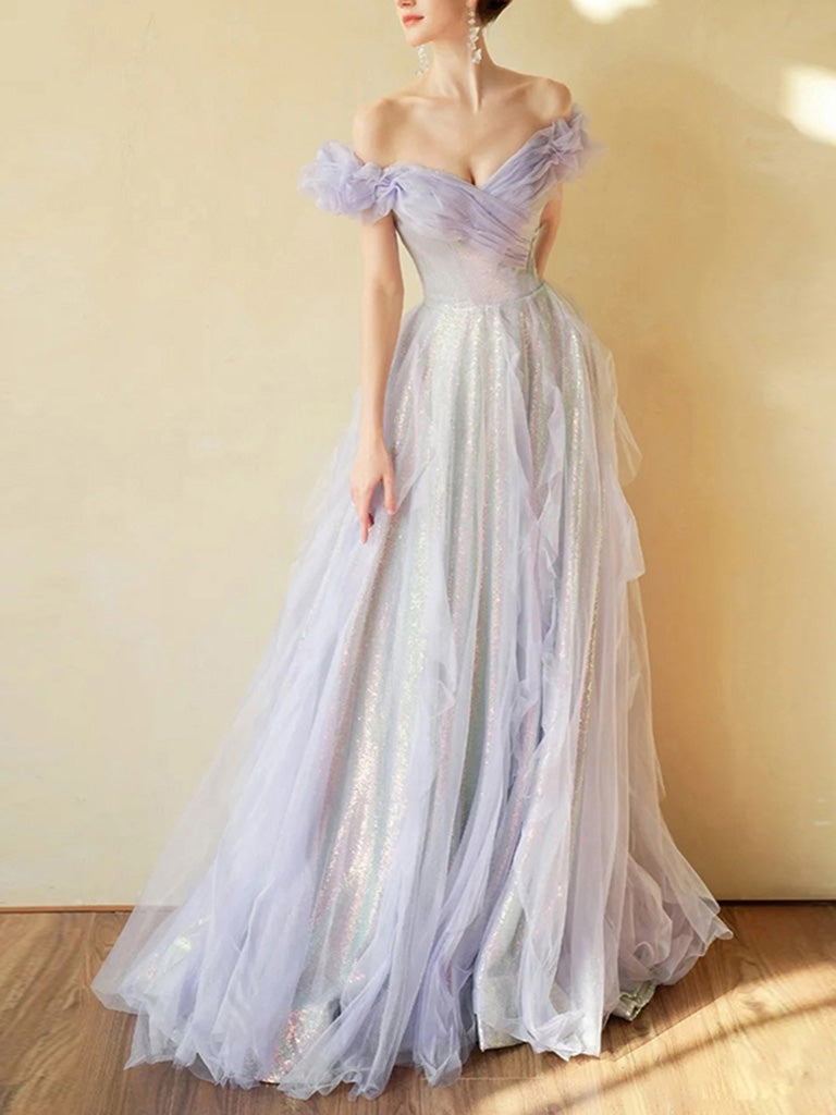 Lovely Purple Tulle Sequins Long Prom Dress, Off the Shoulder Evening Party Dress US 8 / Purple Lovely Purple Tulle Sequins Long Prom Dress, Off the Shoulder Evening Party Dress US 8 / Purple