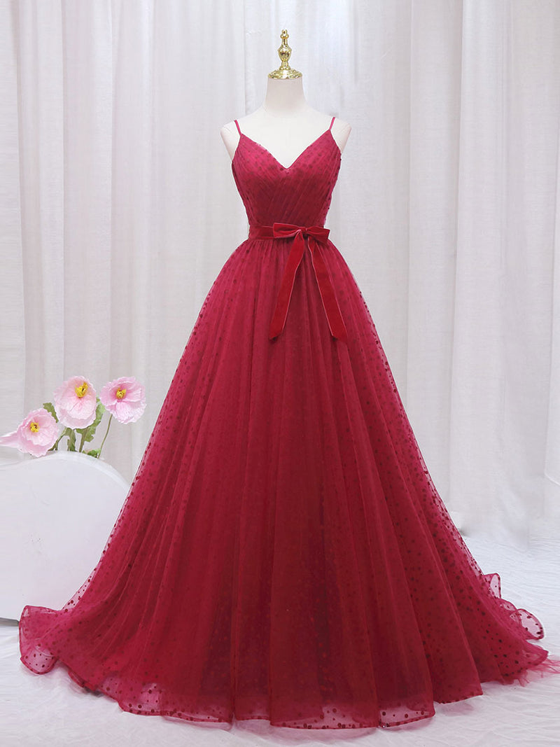 A-Line V Neck Tulle Burgundy Long Prom Dress, Burgundy Formal Dresses US 14 / Custom Color A-Line V Neck Tulle Burgundy Long Prom Dress, Burgundy Formal Dresses US 14 / Custom Color
