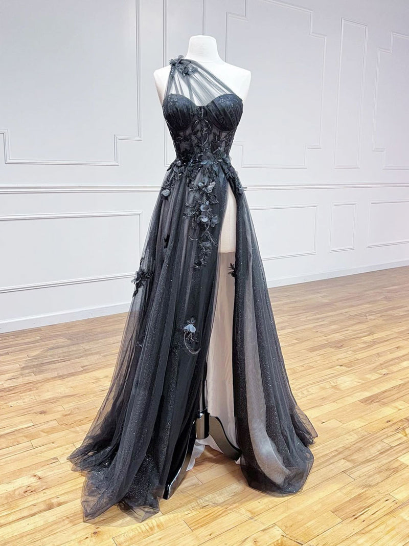 A-Line One Shoulder Tulle Black Long Prom Dress, Black Formal Evening shopluu A-Line One Shoulder Tulle Black Long Prom Dress, Black Formal Evening shopluu