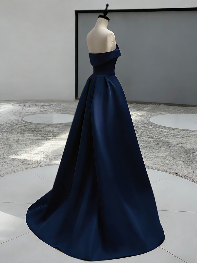 A-Line Sweep Train Satin Dark Blue Long Prom Dress