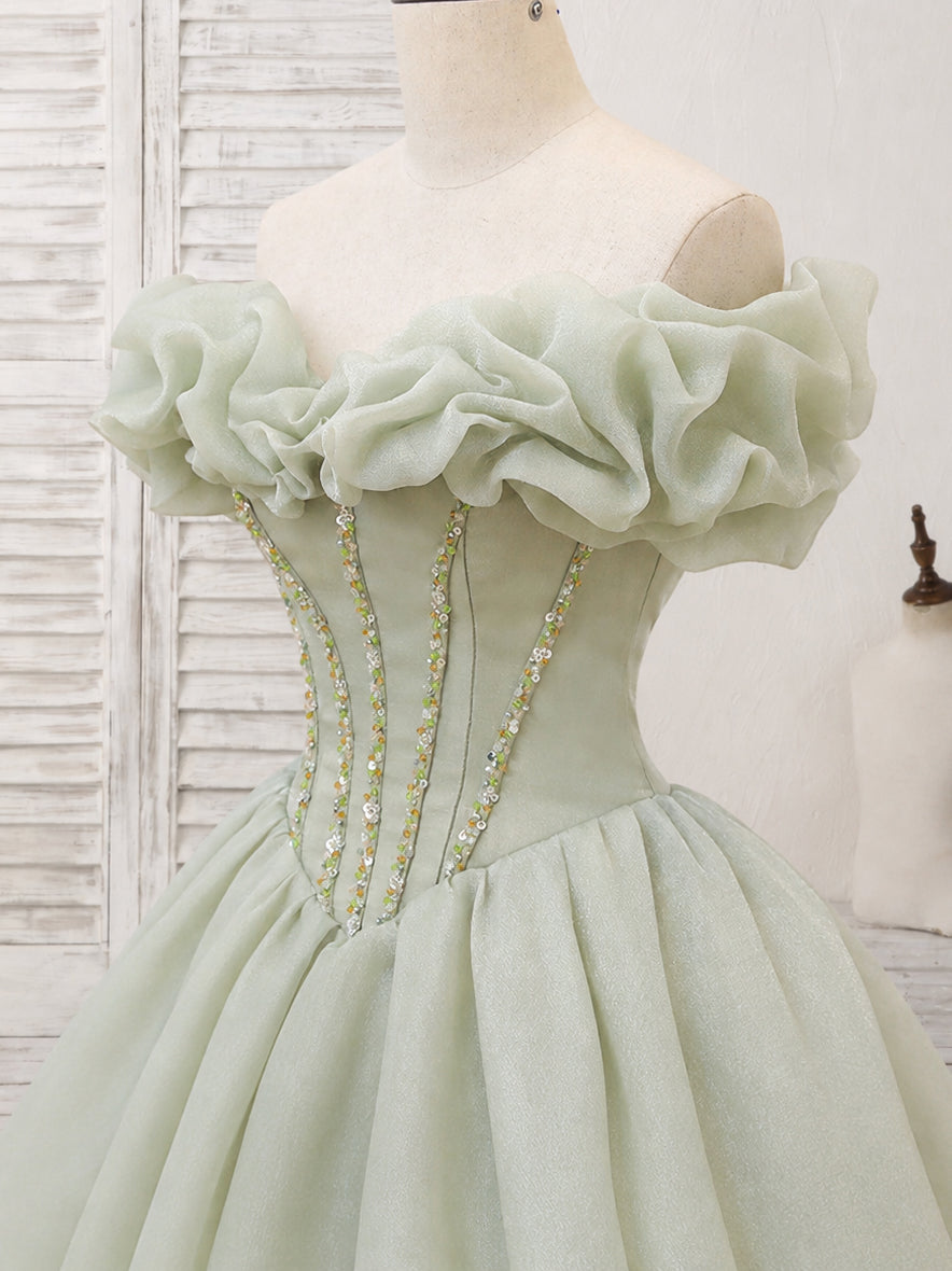 A-line Off Shoulder Short Green Prom Dress, Cute Homecoming Dress with Beads