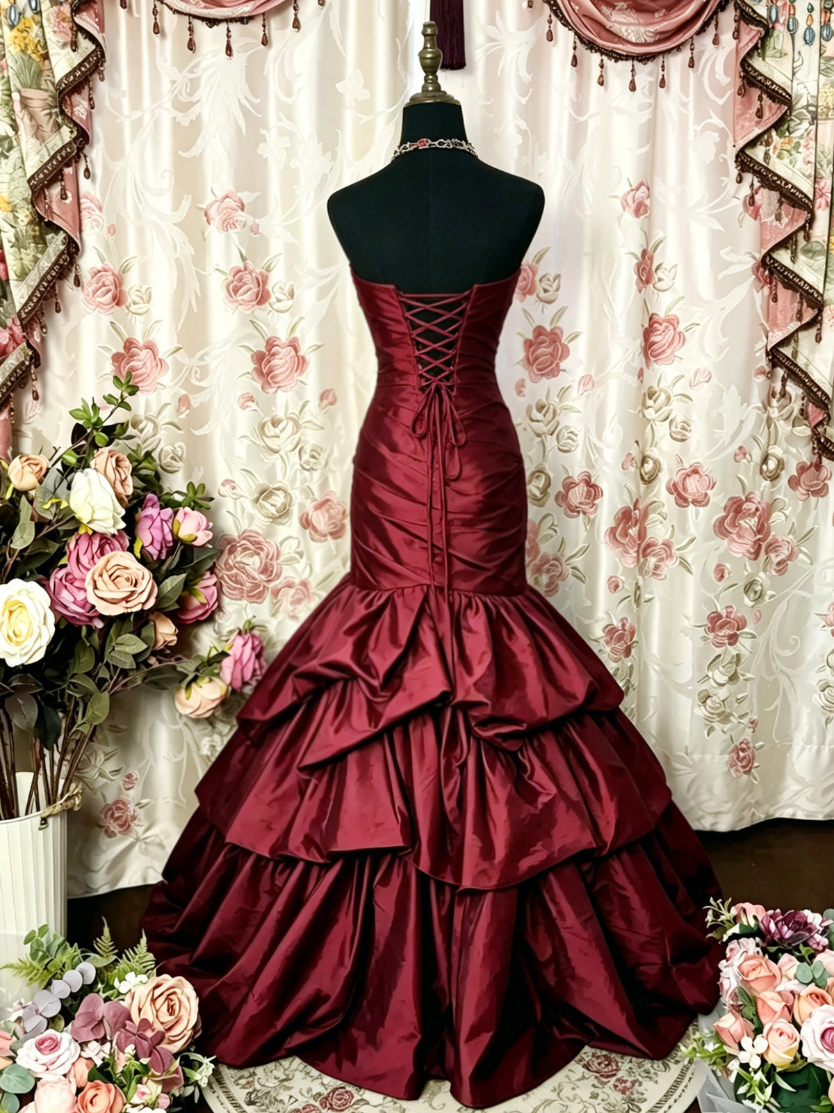 Mermaid Sweetheart Neck Floor Length Burgundy Prom Dresss