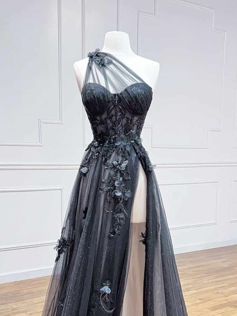 Black Tulle Lace Long Prom Dress, One Shoulder Evening Dress with Slit US 4 / Custom Color Black Tulle Lace Long Prom Dress, One Shoulder Evening Dress with Slit US 4 / Custom Color