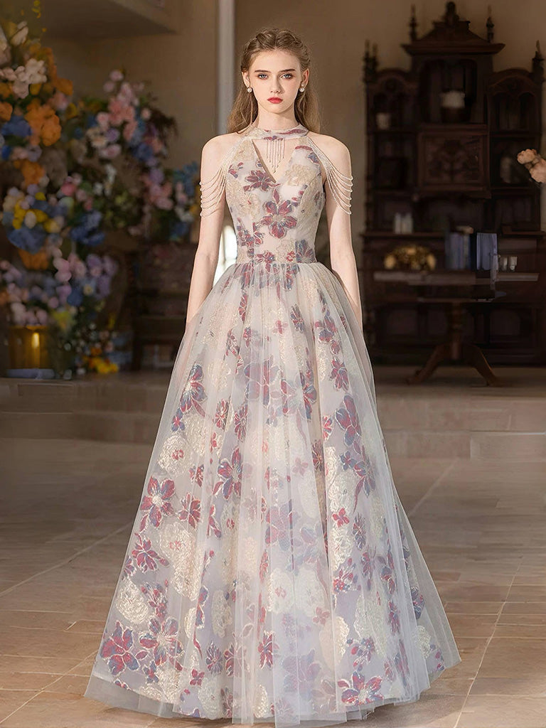 Cute Floral Print Long Prom Dress, Beautiful A-Line Halter Evening Party Dress US 12 / Floral Cute Floral Print Long Prom Dress, Beautiful A-Line Halter Evening Party Dress US 12 / Floral