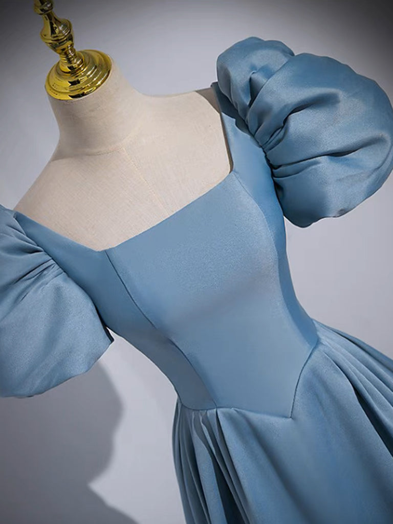 A-Line Puff Sleeves Satin Blue Long Prom Dress, Blue Long Formal Dress Custom Size / Blue A-Line Puff Sleeves Satin Blue Long Prom Dress, Blue Long Formal Dress Custom Size / Blue