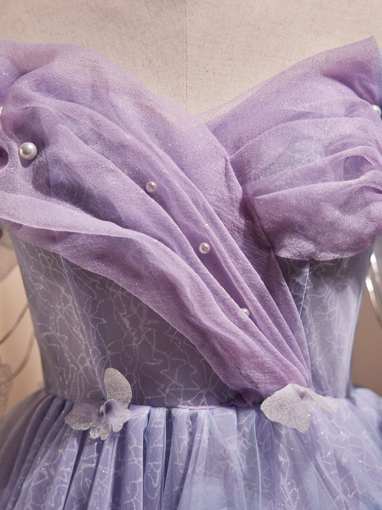 Purple Off Shoulder Tulle Short Prom Dress, Purple Homecoming Dress