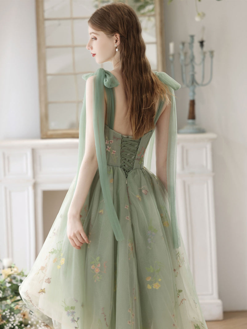 A-Line High Low Green Lace Short Prom Dress, Green Lace Homecoming Dress