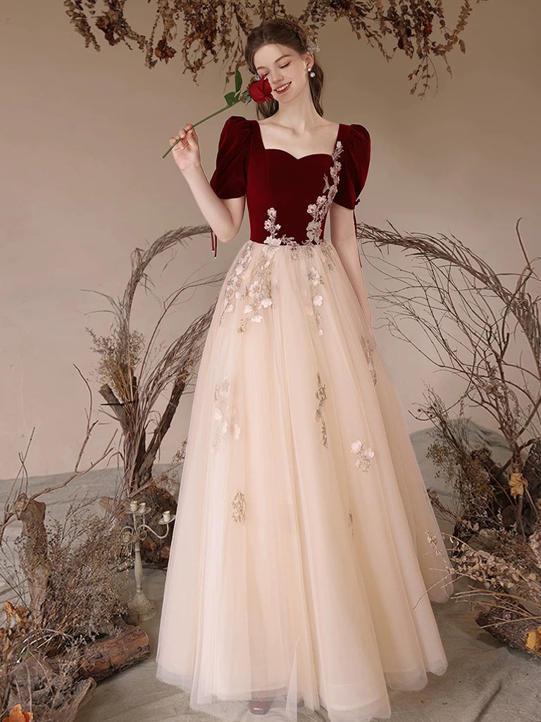 A-Line Velvet Tulle Lace Champagne Long Prom Dress, Champagne Long For shopluu A-Line Velvet Tulle Lace Champagne Long Prom Dress, Champagne Long For shopluu