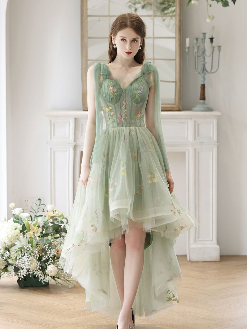 A Line V Neck Mint Green Lace Prom Dresses, Mint Green Lace Formal Evening  Dresses