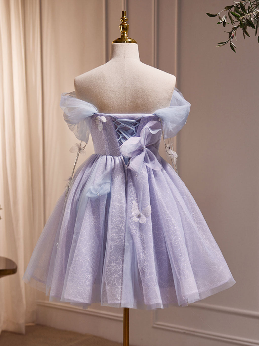 Purple Off Shoulder Tulle Short Prom Dress, Purple Homecoming Dress