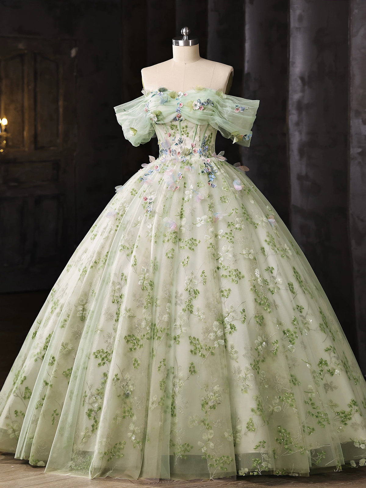 A-Line Off Shoulder Tulle Lace Green Long Prom Dress