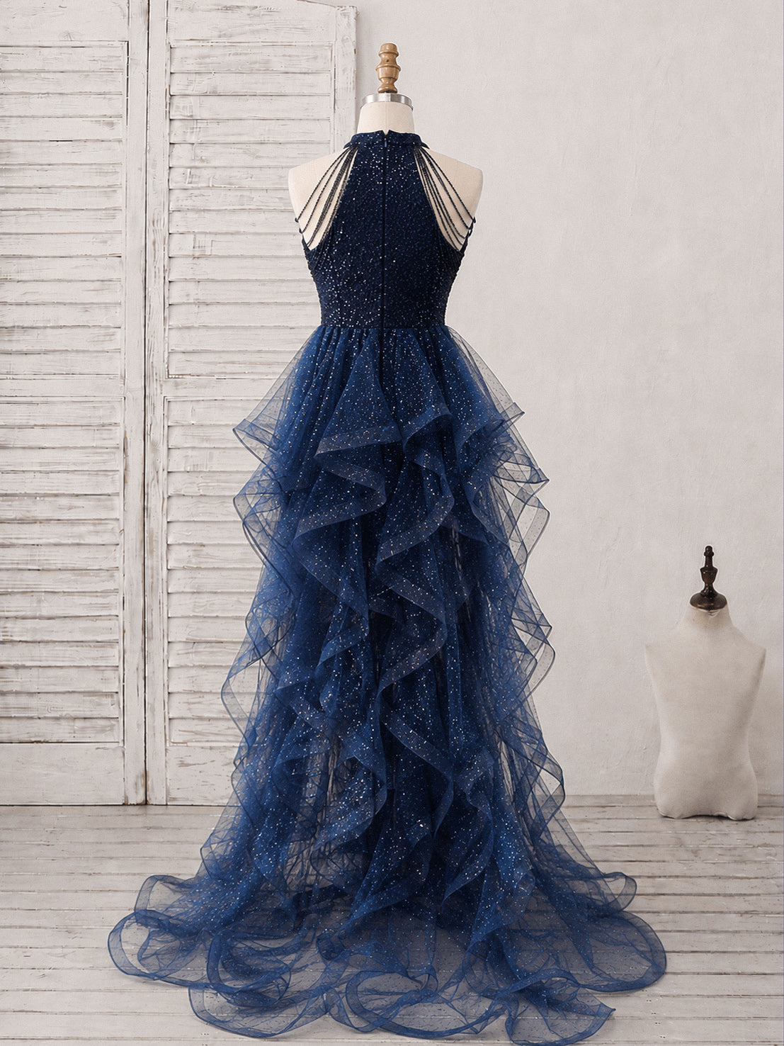 A-line Sequin High Low Tulle Dark Blue Prom Dress with Beads
