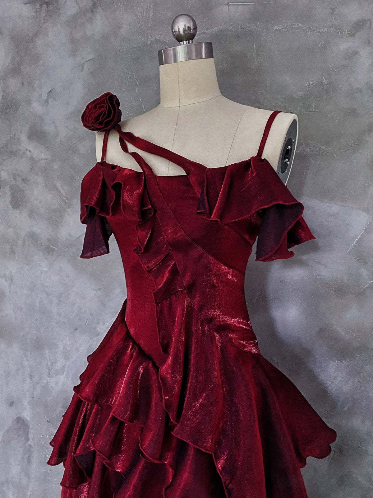 A-line Off Shoulder Silk Ruffles Burgundy Prom Dress, Burgundy Party Dress