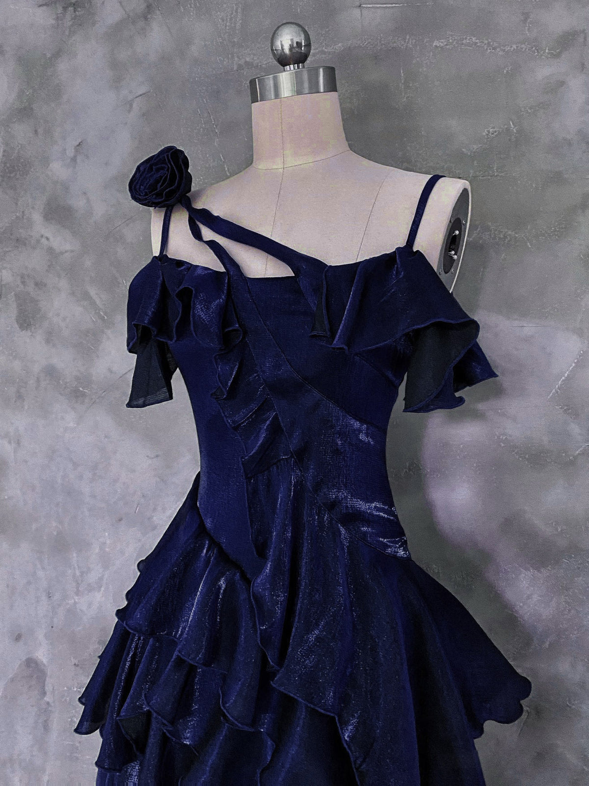 A-line Off Shoulder Silk Ruffles Dark Blue Prom Dress, Dark Blue Party Dress