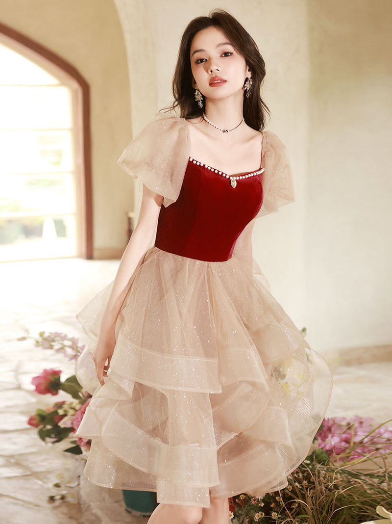 A-line Tulle Ruffle Cute Sweetheart Homecoming Dresses US 10 / Burgundy A-line Tulle Ruffle Cute Sweetheart Homecoming Dresses US 10 / Burgundy