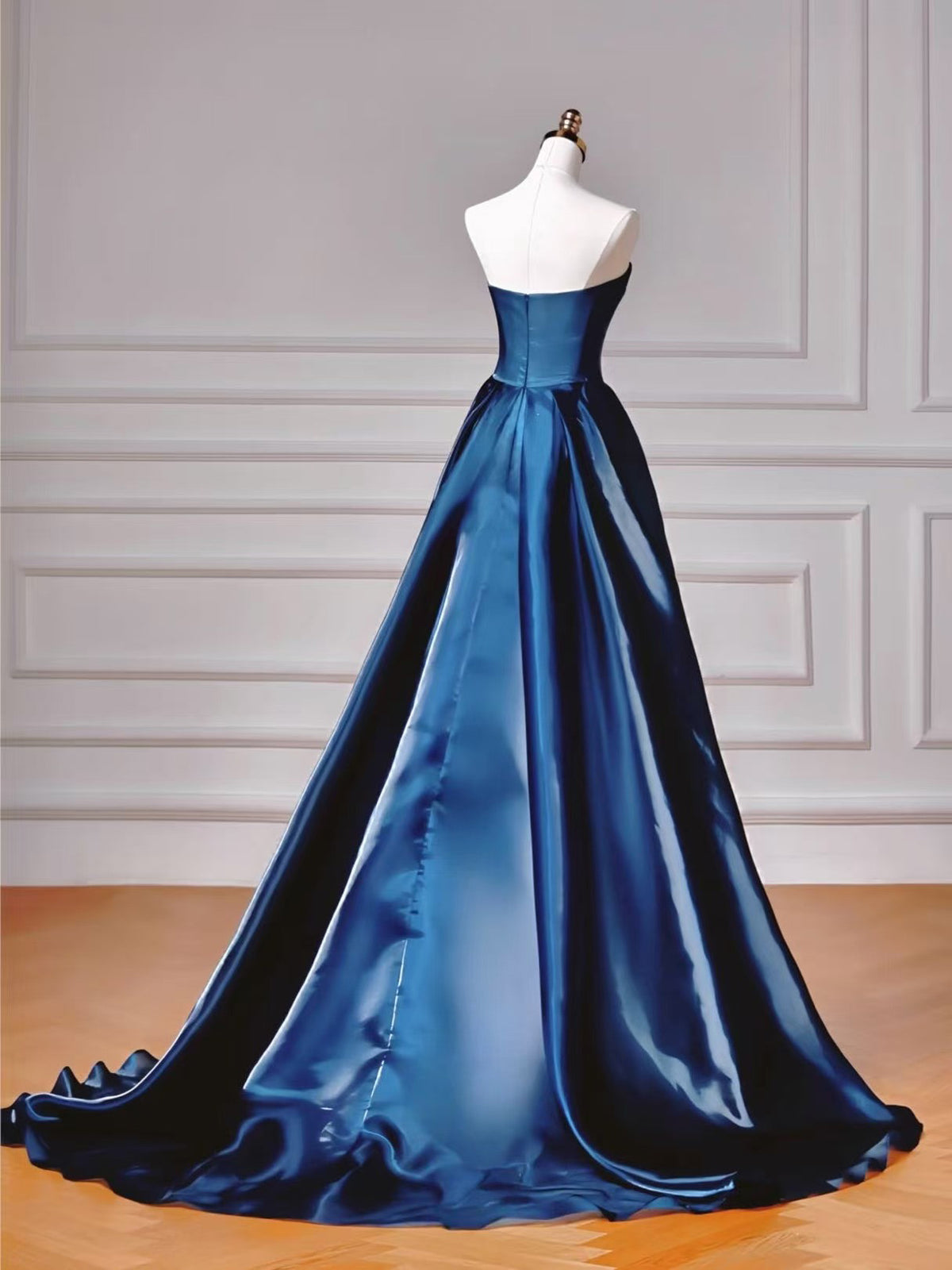 A-line Off Shoulder Sweep Train Blue Long Prom Dress Blue Party Dress
