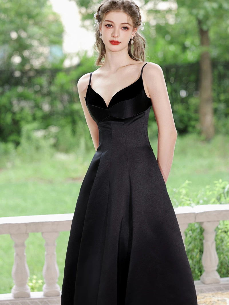 Simple V Neck Satin Tea Length Black Prom Dress, Black Formal Dress US 14 / Black Simple V Neck Satin Tea Length Black Prom Dress, Black Formal Dress US 14 / Black