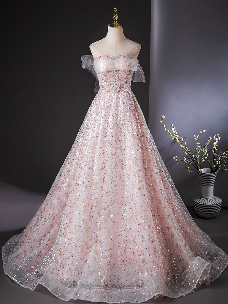 A-Line Tulle Lace Sequin Pink Long Prom Dress, Pink Long Evening Dress shopluu A-Line Tulle Lace Sequin Pink Long Prom Dress, Pink Long Evening Dress shopluu