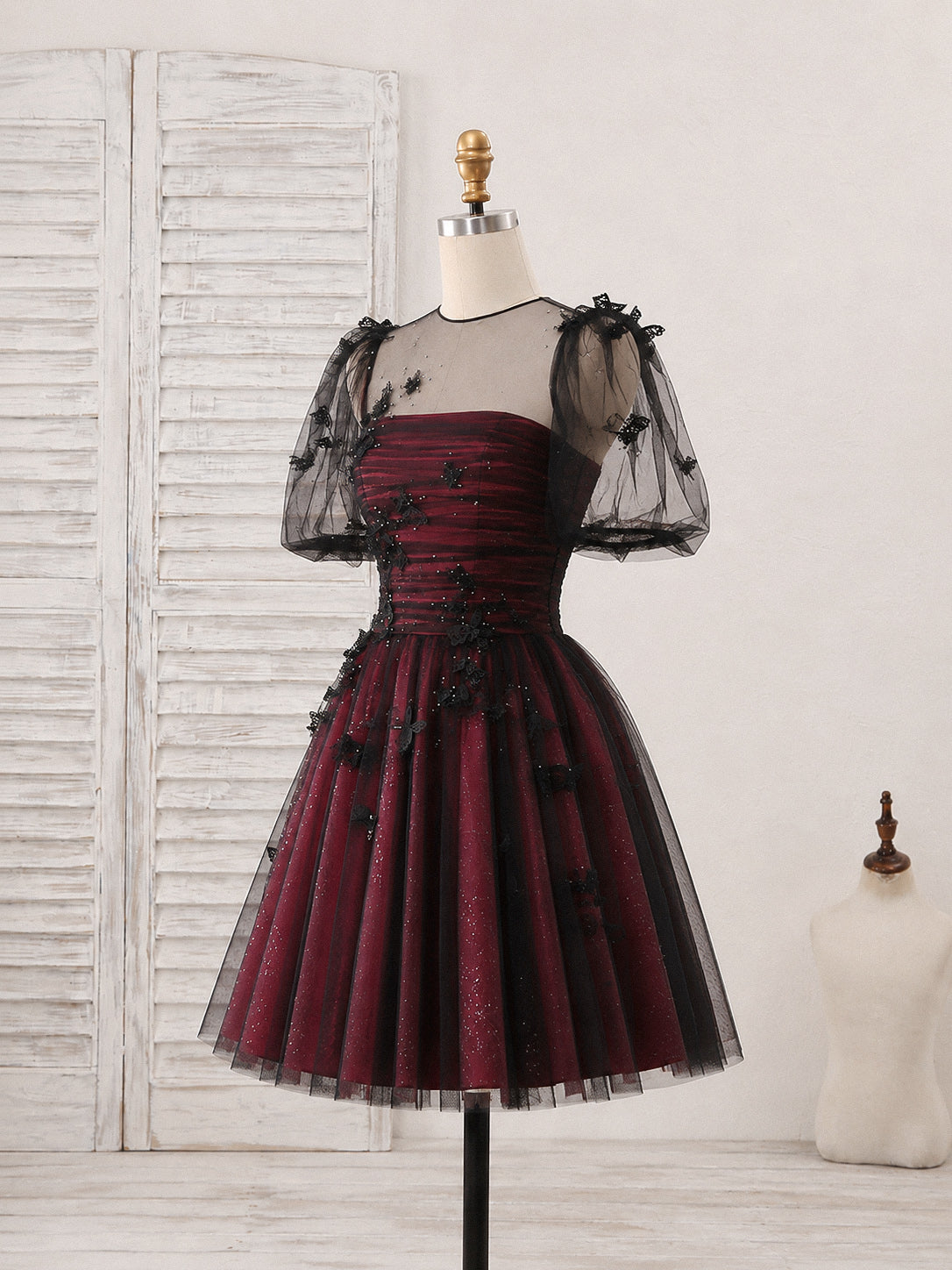 A-line Short Sleeves Tulle Black/Burgundy Homecoming Dress with Butterfly Applique