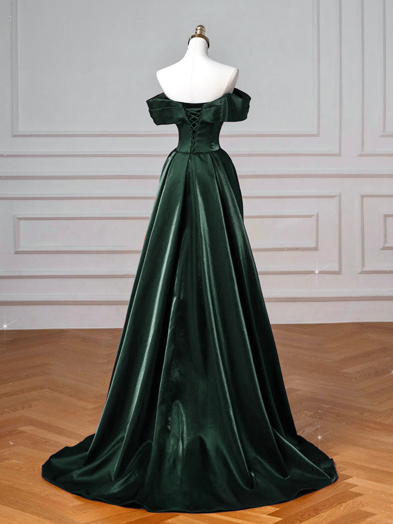 Simple Off Shoulder Satin Olive Green Long Prom Dress, Olive Green Lon – shopluu