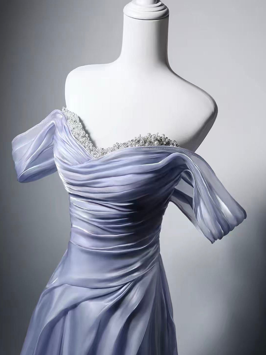 A-line Sweetheart Neck Off Shoulder Light Purple Long Prom Dress with Beads