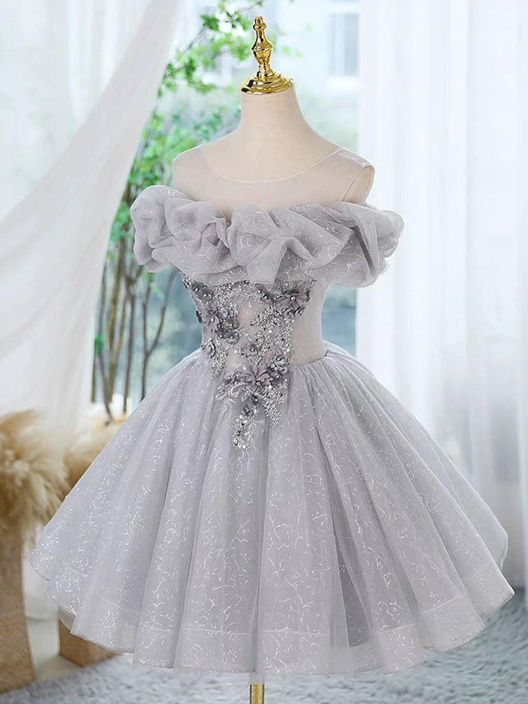 Round Neck Gray Lace Sequins Short Prom Dresses, Gray Lace Formal Homecoming Dresses, US 4 / Custom Color / No Rush Round Neck Gray Lace Sequins Short Prom Dresses, Gray Lace Formal Homecoming Dresses, US 4 / Custom Color / No Rush