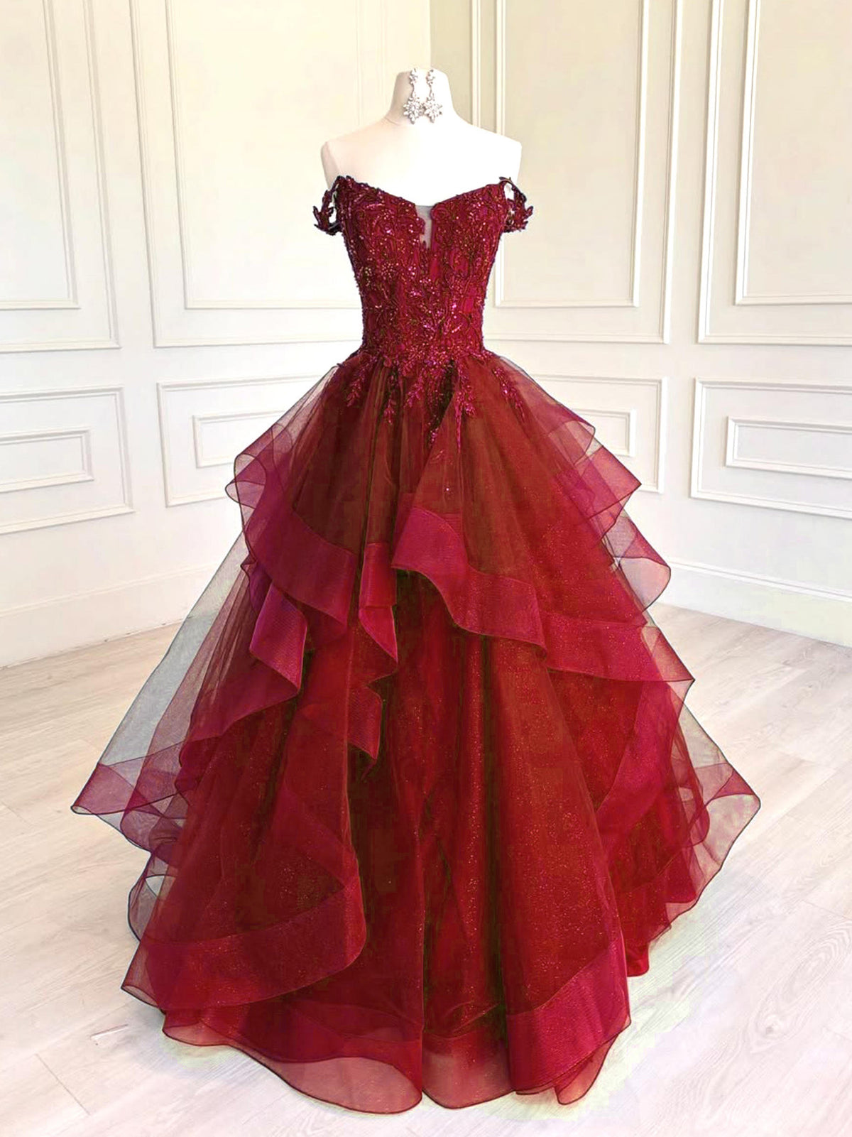 A-Line V Neck Off Shoulder Tulle Lace Blue Long Prom Dress, Blue Formal Dress