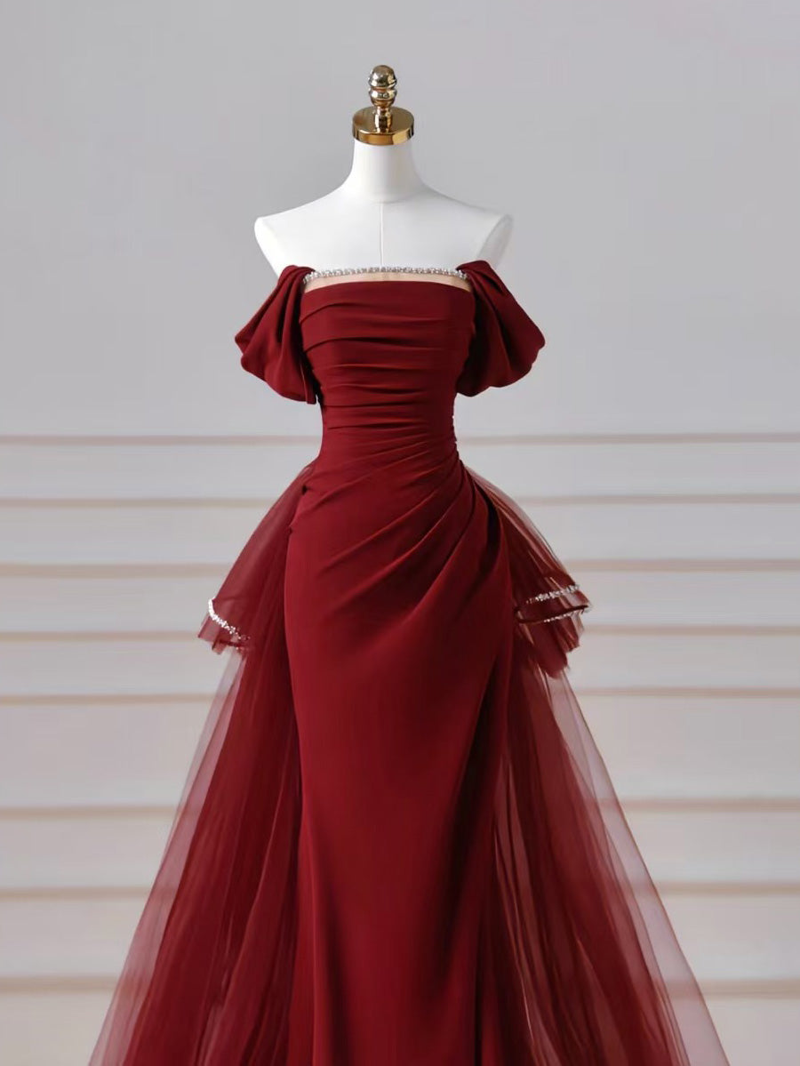 Unique Off Shoulder Tulle Satin Burgundy Long Prom Dress with Beads