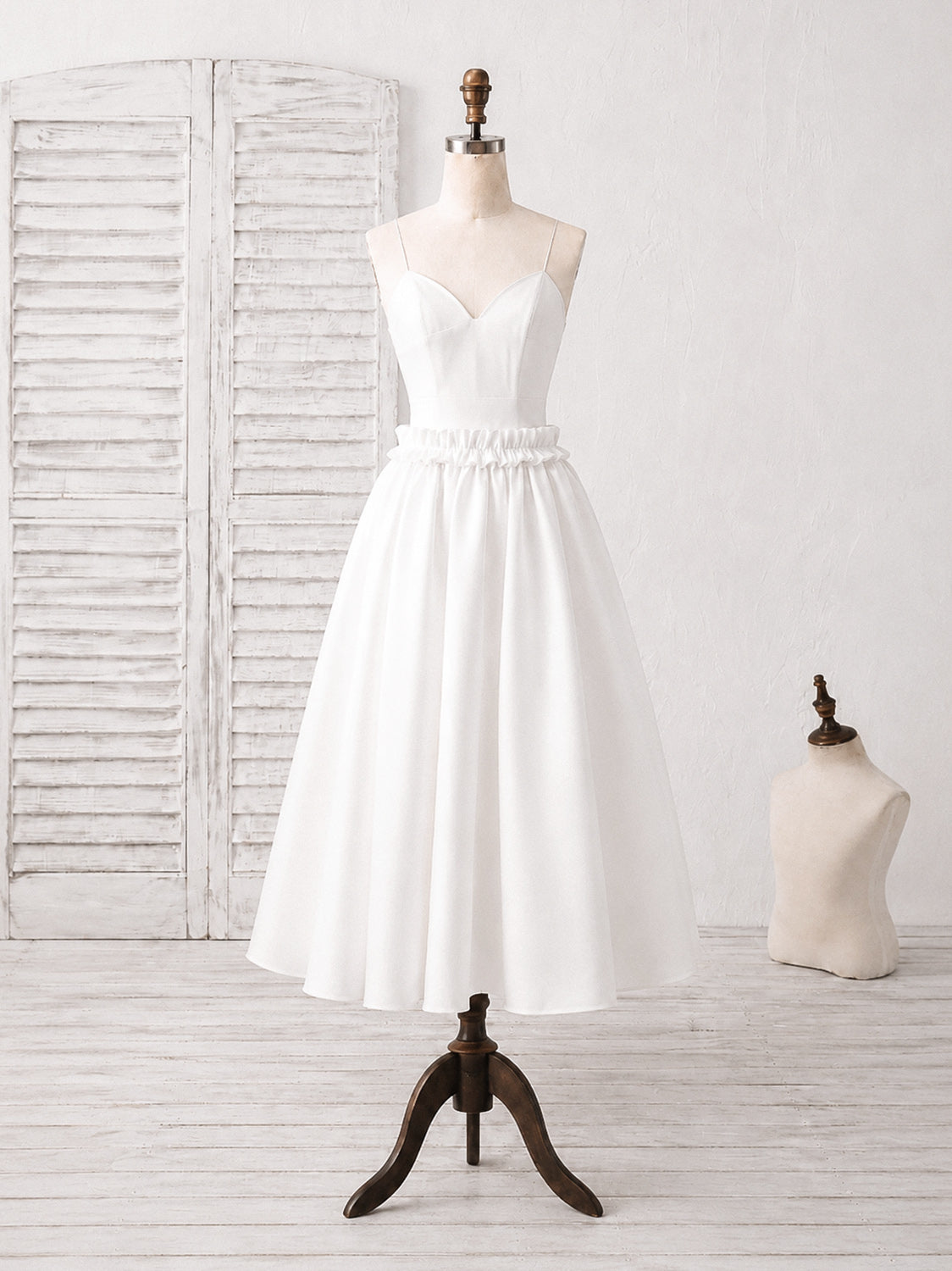 Simple V Neck Satin Tea Length White Prom Dress