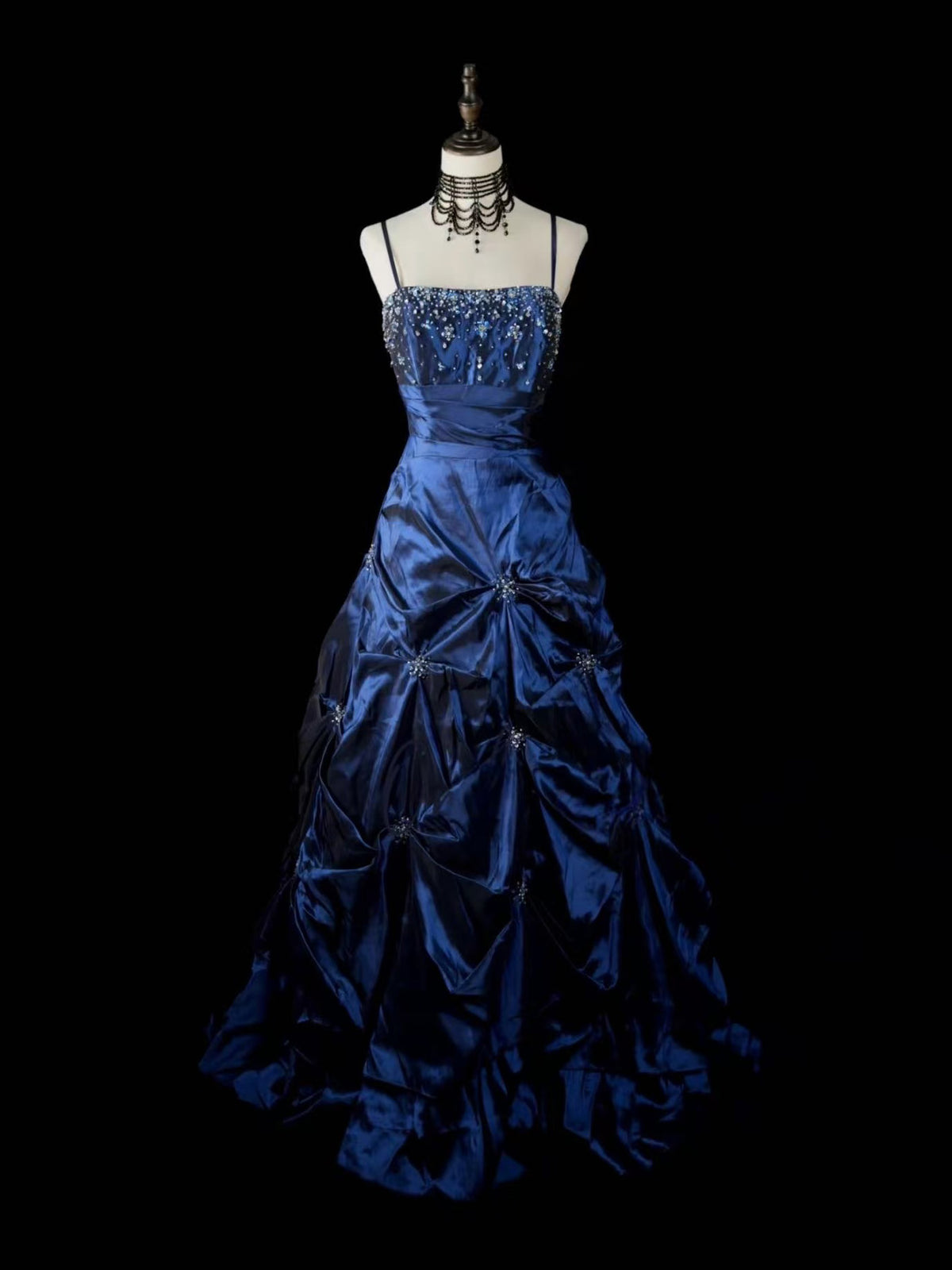 Navy Blue Beaded A-Line Long Prom Dress with Spaghetti Straps