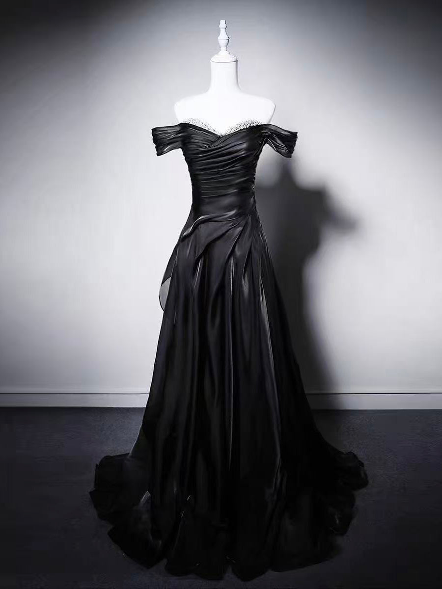 A-line Off Shoulder Black Long Prom Dress with Beads