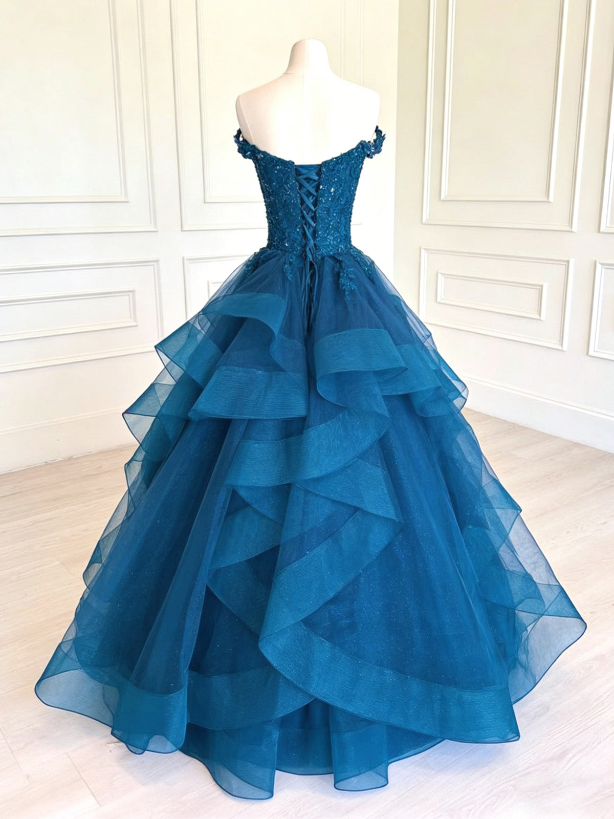 A-Line V Neck Off Shoulder Tulle Lace Blue Long Prom Dress, Blue Formal Dress