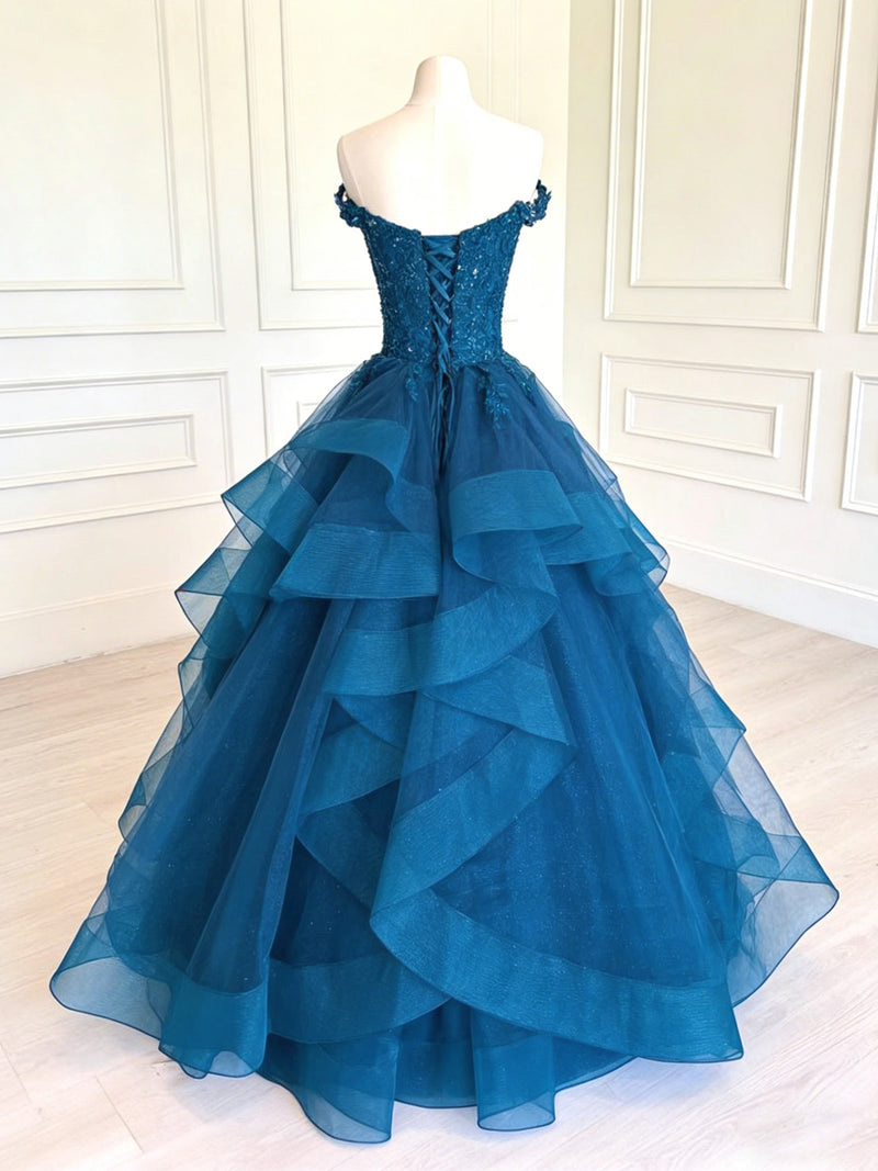 A-Line V Neck Off Shoulder Tulle Lace Blue Long Prom Dress, Blue Forma – shopluu