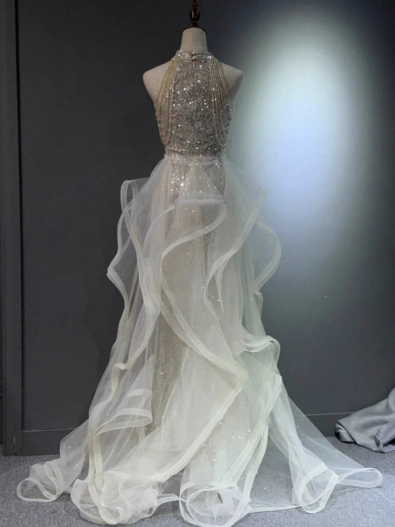 prom dress sweep train Sexy A-line Off Shoulder Strapless Sweep Train Satin Long Prom Gown, Pleated Split