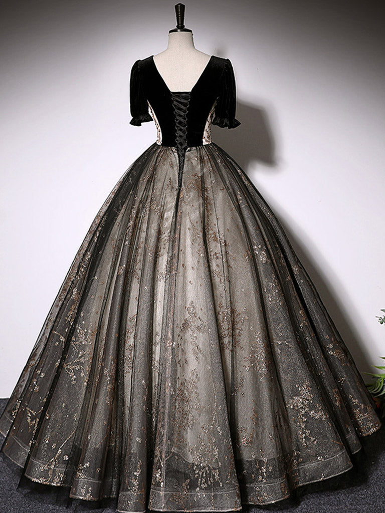Black Tulle Lace Long A-Line Prom Dress, A-Line Short Sleeve Evening Gown US 8 / Black Black Tulle Lace Long A-Line Prom Dress, A-Line Short Sleeve Evening Gown US 8 / Black