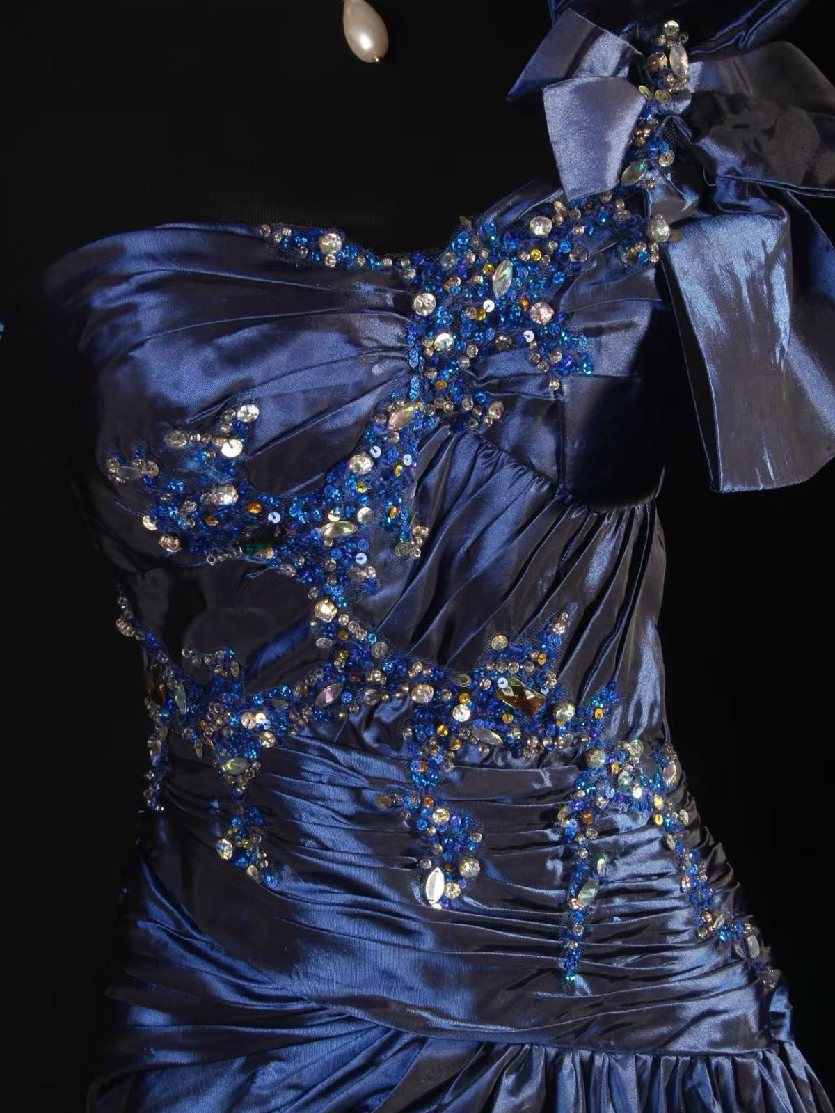 A-line Sweetheart Neck Off Shoulder Taffeta Dark Blue Long Prom Dress with Sequin Beads