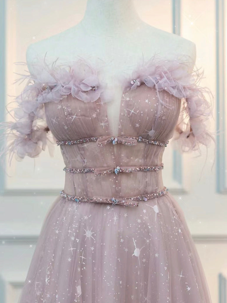 A-Line Off Shoulder Tulle Pink Long Prom Dress, Pink Graduation Dress with Beads
