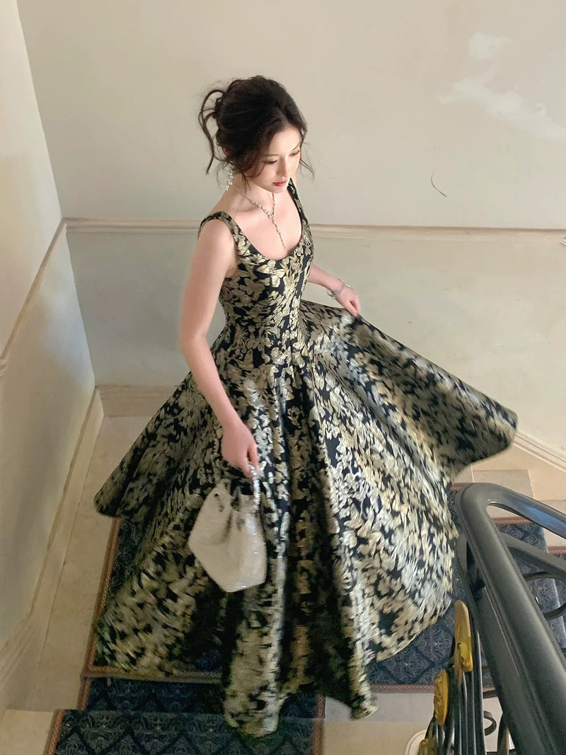 A-Line Floor Length Printed Satin Black Prom Dress Custom Size / Black