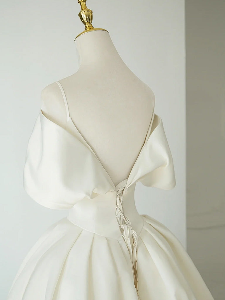 A-Line V Neck Satin ivory Long Prom Dress, ivory Long Formal Dress