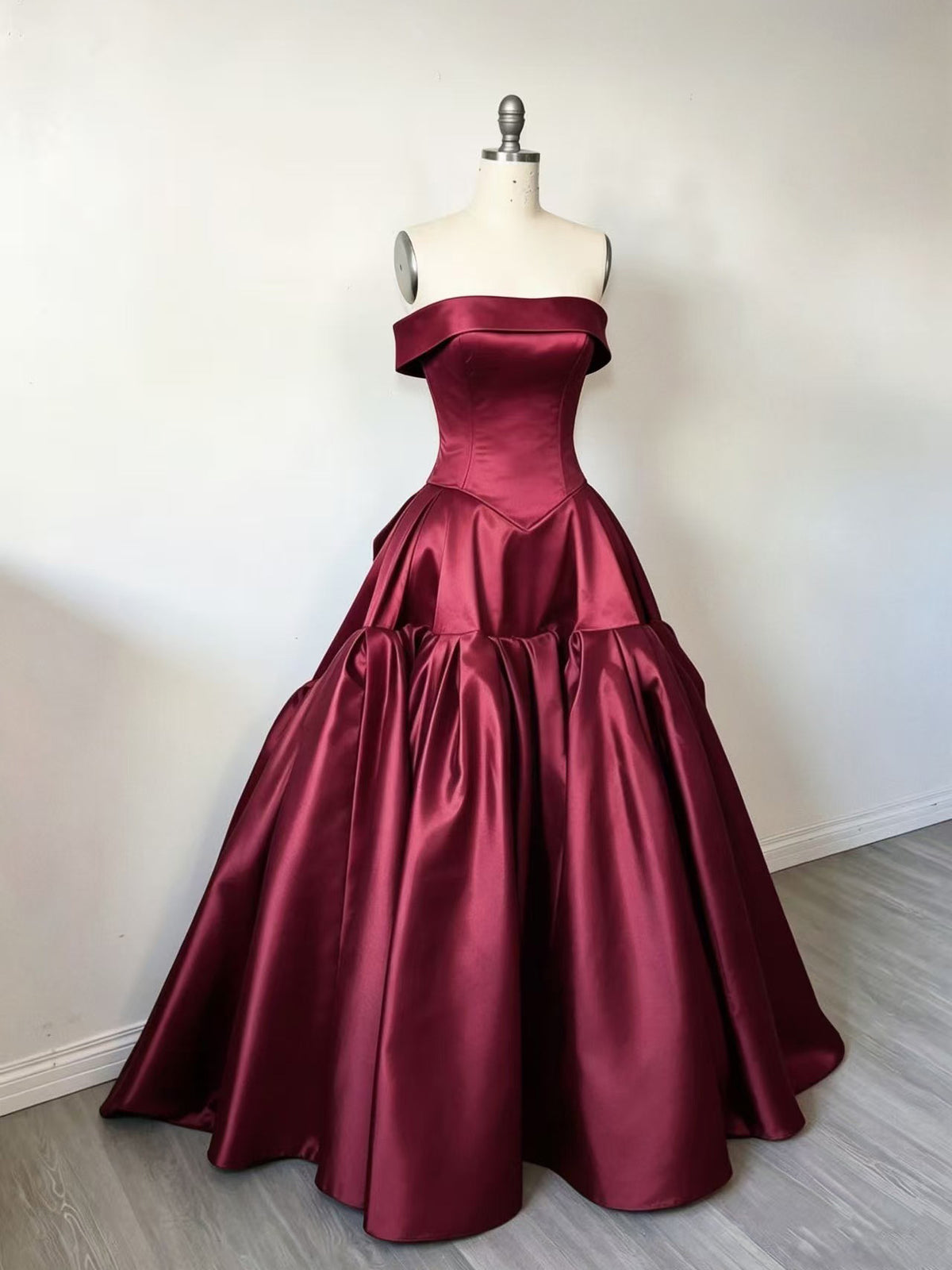 A-line Off Shoulder Satin Burgundy Long Prom Dress, Burgundy Formal Dress