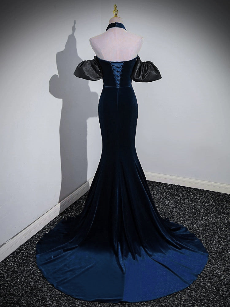 Trumpet/Mermaid Velvet Dark Blue Long Prom Dress with Beads US 16 / Dark Blue Trumpet/Mermaid Velvet Dark Blue Long Prom Dress with Beads US 16 / Dark Blue