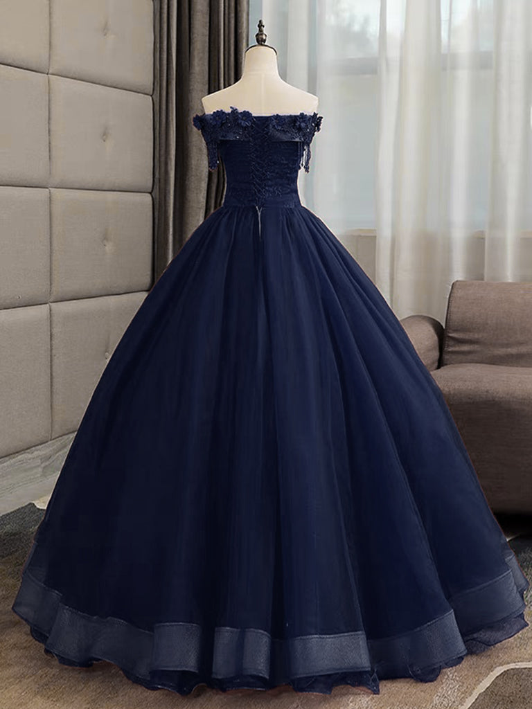 A-Line Tulle Lace Dark Blue Long Prom Dress, Dark Blue Long Sweet