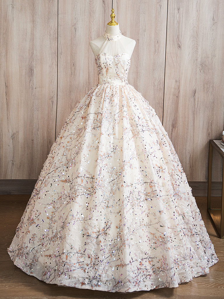 champagne a line prom dresses Long A-Line Prom Dress with Beaded Deep V-Neck Bodice Blush / Medium