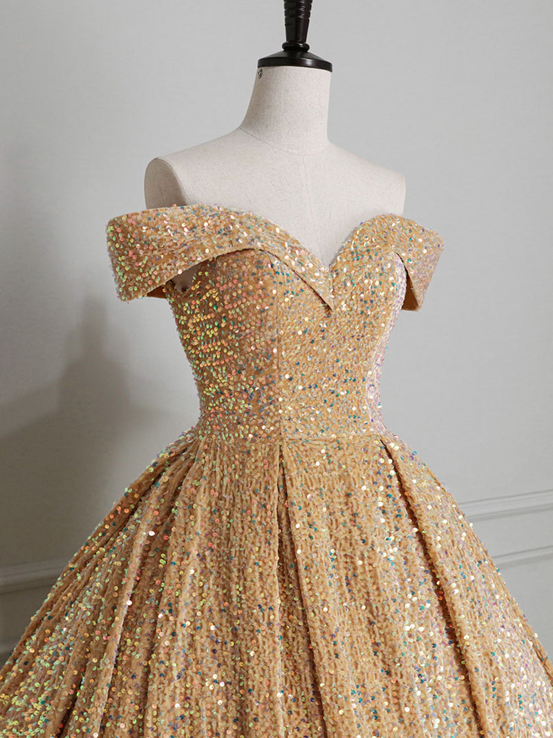champagne and gold prom dresses Champagne Off Shoulder Sequin Long Prom Dress, Champagne Formal Dress US 8 / Blue