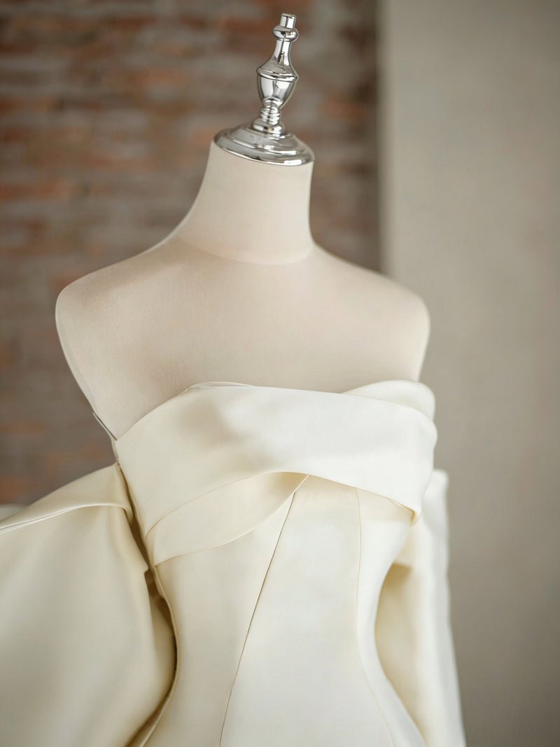 A-Line Sweetheart Sweep Train Satin Beige Prom Dress with Bowtie US 10 / Beige
