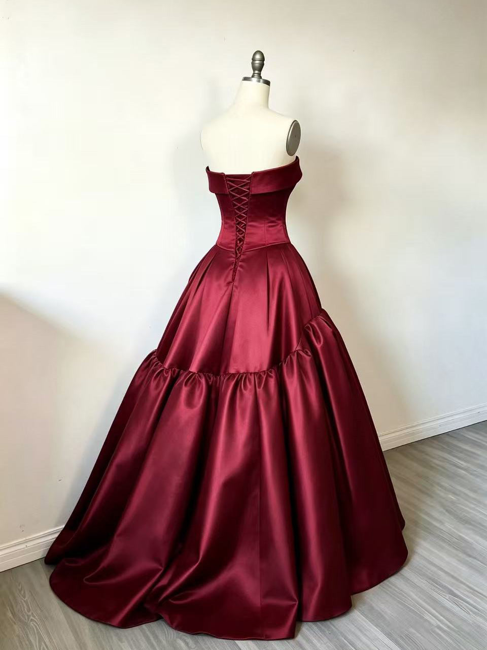 A-line Off Shoulder Satin Burgundy Long Prom Dress, Burgundy Formal Dress