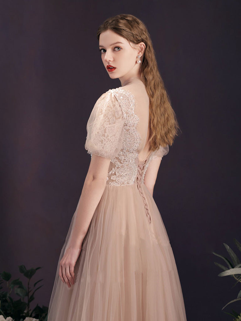 A-Line Tulle Lace Champagne Long Prom Dress, Champagne Long Bridesmaid – shopluu