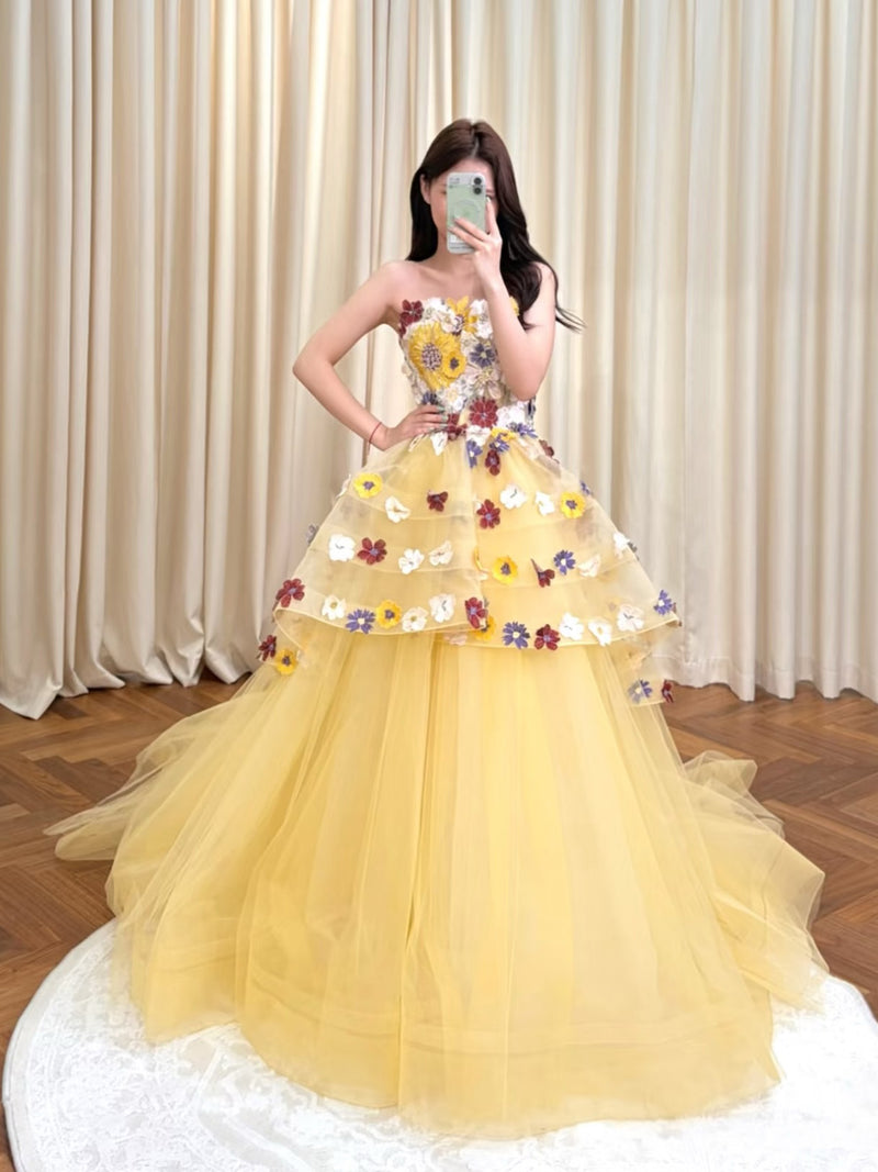 A-line Sweep Train Tulle Yellow Prom Dress with Lace Applique – shopluu